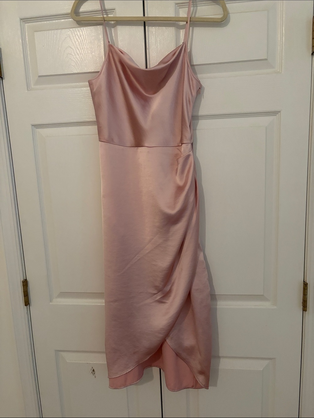 Blush Pink Satin Cowl Midi Dress with Spaghetti Straps